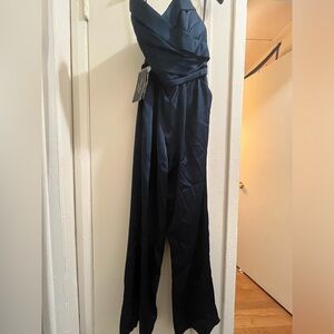 Azazie Custom Pnina Tornai Dark Navy Satin Jumpsuit